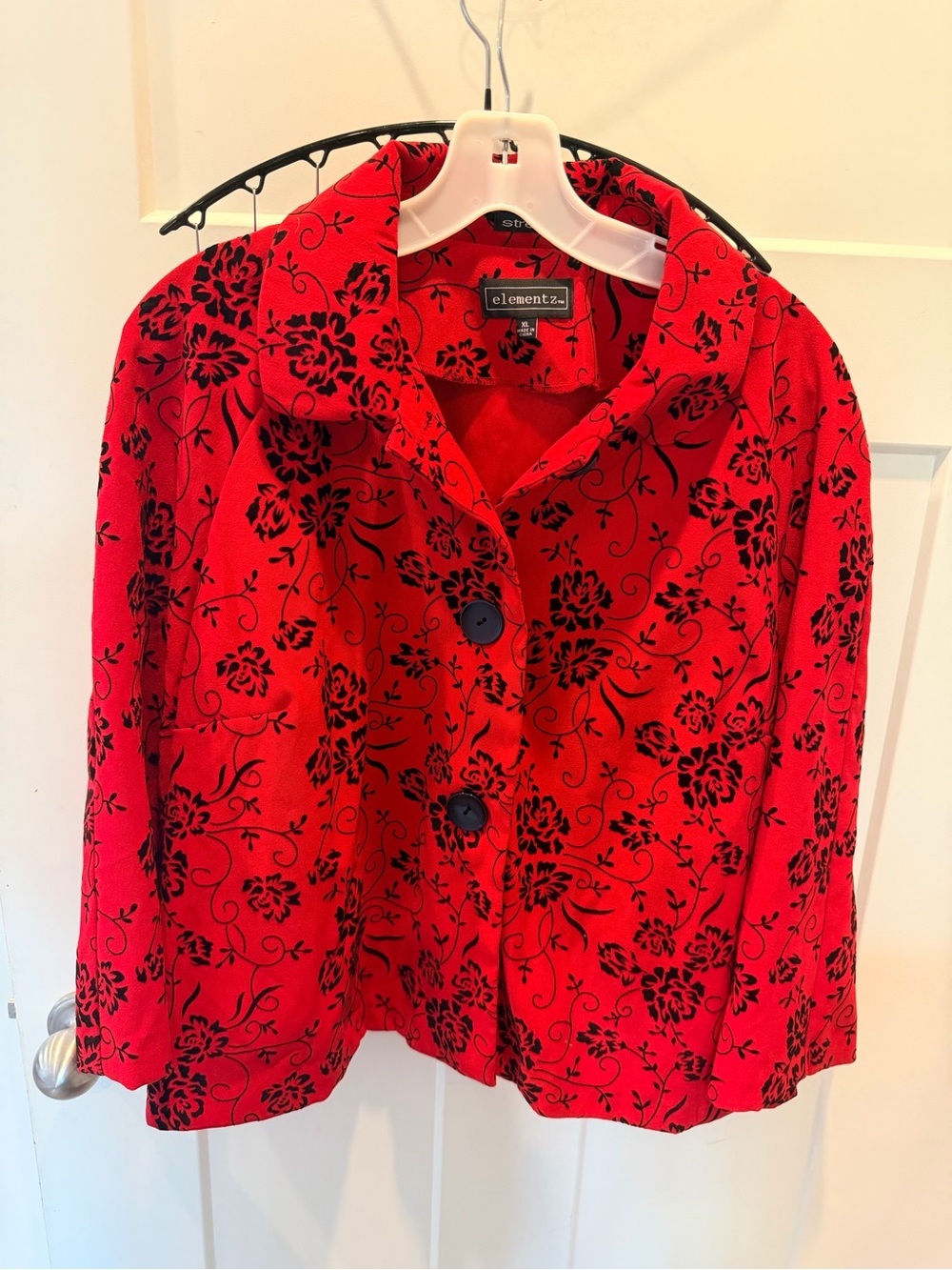 Elementz Red Black Floral Flocked Blazer Jacket Women’s XL Holiday Career Chic